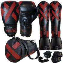 Kit Muay Thai Completo Luvas, Caneleiras, Bolsa, Bandagem e Protetor Bucal Ideal Boxe, Treino e Luta Profissional Power X Olimpo Esportes