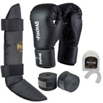 Kit Muay Thai e Boxe Luva, Bandagem, Protetor Bucal e Caneleira Fheras Kit Muay Thai e Boxe Luva, Bandagem, Protetor Bucal e Caneleira Fheras