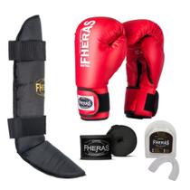 Kit Muay Thai e Boxe Luva, Bandagem, Protetor Bucal e Caneleira Fheras