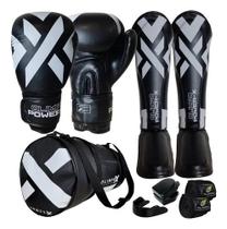 Kit Muay Thai Luva Caneleira Bolsa Bandagem Bocal PowerX