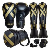 Kit Muay Thai Luva Caneleira Bolsa Bandagem Bocal PowerX