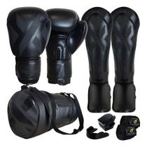 Kit Muay Thai Luva Caneleira Bolsa Bandagem Bocal PowerX