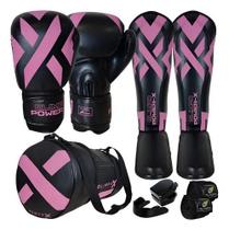 Kit Muay Thai Luva Caneleira Bolsa Bandagem Bocal PowerX