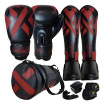 Kit Muay Thai Luva Caneleira Bolsa Bandagem Bocal PowerX