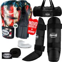 Kit Muay Thai Luva EUA Caneleira Bandagem Bucal Bolsa 08oz