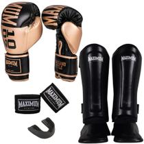 Kit muay thai luva intermediária gold + caneleira classic black + bandagem + bucal - maximum