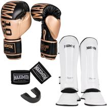 Kit muay thai luva intermediária gold + caneleira classic white + bandagem + bucal - maximum