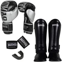 Kit muay thai luva intermediária silver + caneleira classic black + bandagem + bucal - maximum