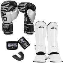 Kit muay thai luva intermediária silver + caneleira classic white + bandagem + bucal - maximum