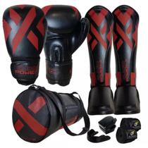 Kit Muay Thai Power X Luvas, Caneleiras, Bolsa, Bandagens e Bucal Equipamento Completo Olimpo Esportes