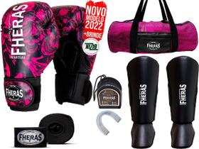 Kit Muay Thai Pro Caveira Rosa Bandagem Bolsa Gladiador 12Oz - Fheras