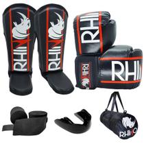 Kit MuayThai Rhino Luva Caneleira Bandagem Bucal Bolsa