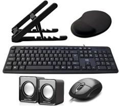 Kit Multi4- Teclado e mouse com fio Usb/ Suporte Notebook / Caixa de Som/ Mousepad