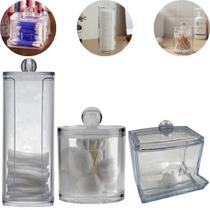 Kit Multifuncional Organizador Dispenser Acrilico Porta Objetos Algodão Cotonetes e Cosmeticos 3 Peças KeHome