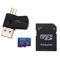 Kit Multilaser MC151 4 em 1:Cartão De Memória Ultra High Speed-I+Adaptador USB Dual Drive+Adaptador SD 32GB até 80 Mb/S