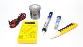 kit - multimetro / caneta detectora / estanho / pasta / sugador