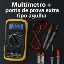 Kit Multimetro MD200L com 3 ½ dígitos Painel Iluminado com Bipe e Bateria mais Ponta de Prova Profissional tipo Agulha