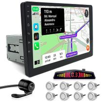 Kit Multimídia 1 Din 9 Polegadas + Câmera Ré + Sensor 8 Pontos Prata New Fit 2009 2010 2011 2012 2013 2014 Android Auto