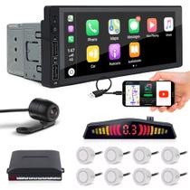 Kit Multimídia 1 Din + Câmera Ré + Sensor 8 Pontos Branco Fiat Toro 2016 2017 2018 2019 2020 Android Auto Carplay