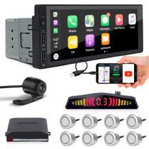 Kit Multimídia 1 Din + Câmera Ré + Sensor 8 Pontos Prata Mitsubishi Lancer 2007 2008 2009 2010 2011 USB Bluetooth