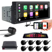 Kit Multimídia 1 Din + Câmera Ré + Sensor 8 Pontos Preto Fiat Toro 2016 2017 2018 2019 2020 Android Auto Carplay