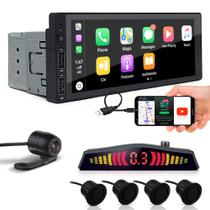Kit Multimídia 1 Din + Câmera Ré + Sensor Ré Preto Fosco Emborrachado Hyundai Sonata 2010 2011 2012 2013 Android Auto Carplay