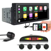 Kit Multimídia 1 Din + Câmera Ré + Sensor Ré Preto Volvo S40 2004 2005 2006 2007 2008 2009 2010 Android Auto Carplay
