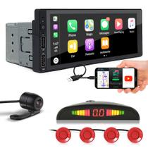 Kit Multimídia 1 Din + Câmera Ré + Sensor Ré Vermelho FIat 500 USB Bluetooth