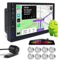 Kit Multimídia Android + Câmera Ré + Sensor Dianteiro Traseiro Prata Fiat Brava 1999 2000 2001 2002 2003 Bluetooth 7 Polegadas