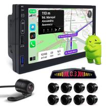 Kit Multimídia Android + Câmera Ré + Sensor Dianteiro Traseiro Preto Fiat Strada 1999 2000 2001 2002 2003 Bluetooth 7 Polegadas