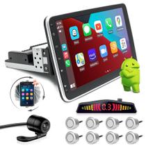 Kit Multimídia Rotate + Câmera Ré + Sensor 8 Pontos Prata Uno GPS Carplay