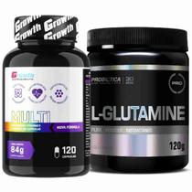 Kit Multivitaminico 120 Caps Growth + Glutamina 120g Probiotica