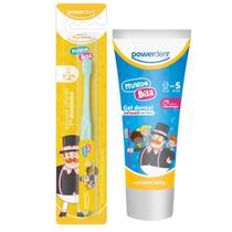 Kit Mundo Bita Escova Dental Infantil Primeiro Dentinho Cerdas Extra Macias com Estojo + Gel Dental Morango Powerdent