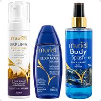 Kit Muriel Elixir Árabe:Espuma Hidratante 150ml, Óleo Corporal 100ml e Body Splash 200ml Kit Muriel Elixir Árabe:Espuma Hidratante 150ml, Óleo Corporal 100ml e Body Splash 200ml