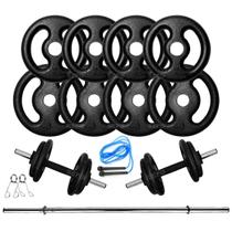 Kit Musculação 20Kg Anilhas E Barras + Corda Treino Em Casa
