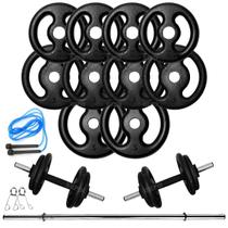 Kit Musculação 30Kg Anilhas E Barras + Corda Treino Em Casa