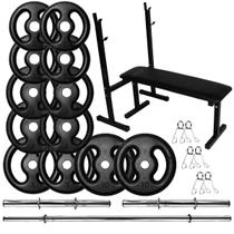 Kit Musculação 50Kg Anilhas com Barras de 40cm e 1,50m + Banco para Supino Kit Musculação 50Kg Anilhas com Barras de 40cm e 1,50m + Banco para Supino