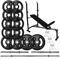 Kit Musculação 50Kg Anilhas com Barras de 40cm e 1,50m + Banco Supino Ajustável - SEPO