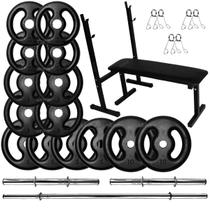 Kit Musculação 60Kg Anilhas com Barras de 40cm e 1,50m + Banco para Supino
