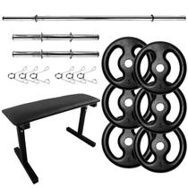 Kit Musculação Academia Fitness Banco + 3 Barras e Anilhas