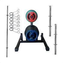 Kit Musculação com Suporte + 100 Kg de Anilhas Emborrachadas com Barras