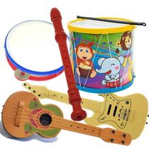 Kit Musical Brinquedo 6 Instrumentos Tambor Grande Violão pandeiro Flauta Infantil Violinha