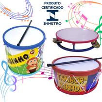 Kit Musical Brinquedos Educativo C/3 Instrumentos Tamborzinho Pandeiro Bumbinho Infantil