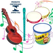 Kit Musical Brinquedos Educativo C/4 Instrumentos Bumbo Violão Pandeiro Flauta Infantil - AMAR E