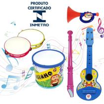 Kit Musical Brinquedos Educativo C/5 Instrumentos Bumbo Violão Pandeiro Flauta Corneta Infantil