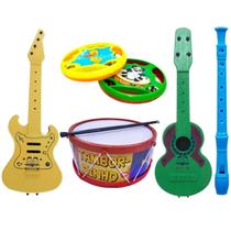 Kit Musical Brinquedos Educativo C/5 Instrumentos Tambor Violão Pandeirola Flauta Infantil