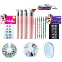 Kit Nail Art Pincel Boleador Strass Adesivos Fitilho Esponja