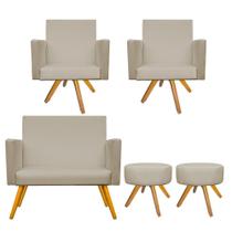 Kit Namoradeira, 02 Poltronas Beatriz e 02 Puff Sofia Base Giratória de Madeira Corano Bege - DAMAFFÊ MÓVEIS