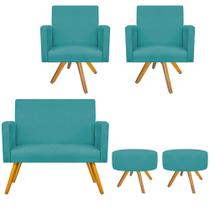 Kit Namoradeira, 02 Poltronas Beatriz e 02 Puff Sofia Base Giratória de Madeira Sala de Estar Suede Azul Turquesa