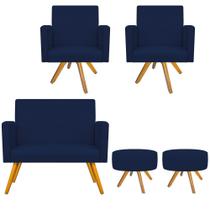 Kit Namoradeira, 02 Poltronas Beatriz e 02 Puff Sofia Base Giratória de Madeira Suede Azul Marinho - DAMAFFÊ MÓVEIS